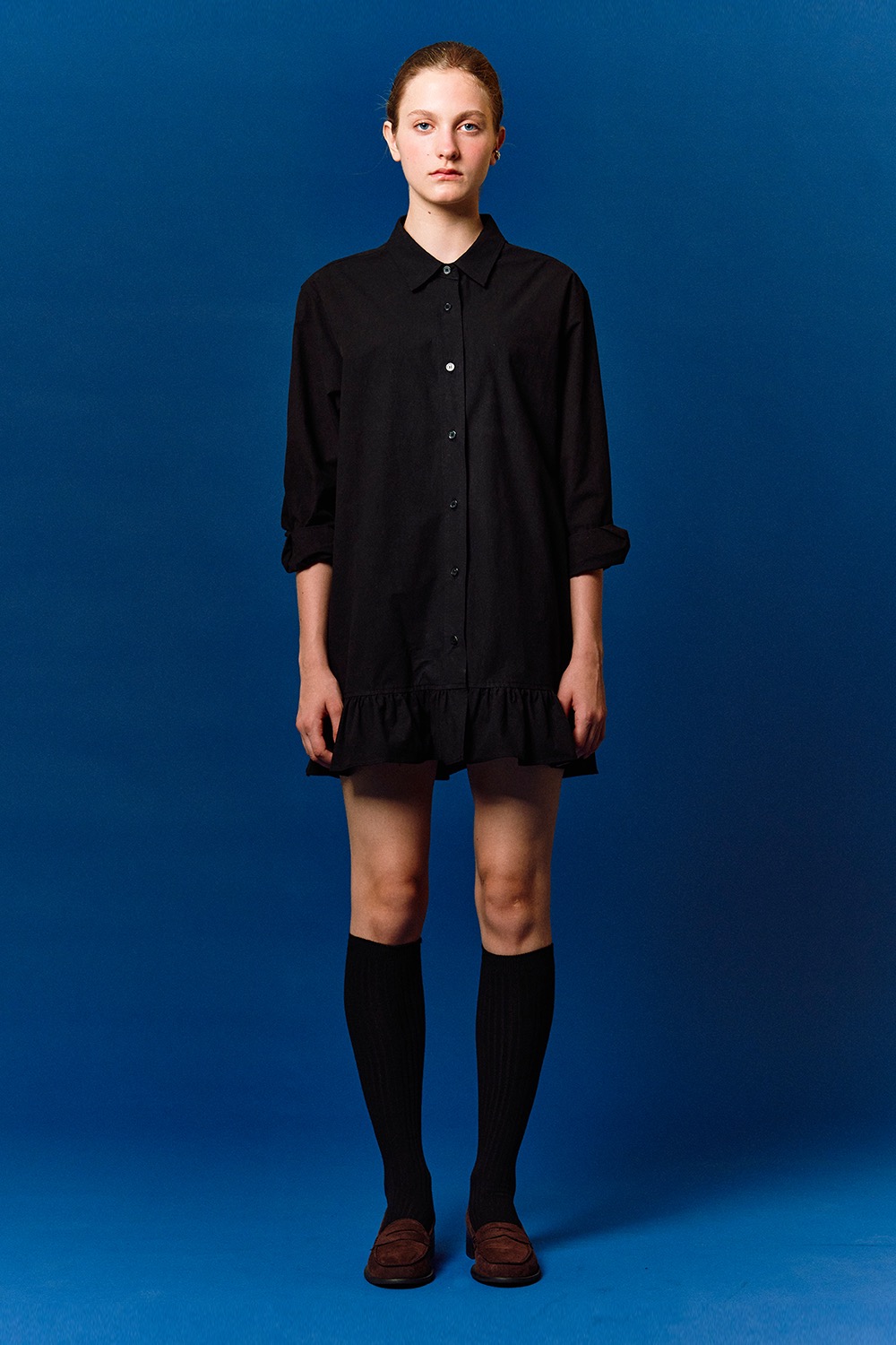 frilled mini shirt dress (black)